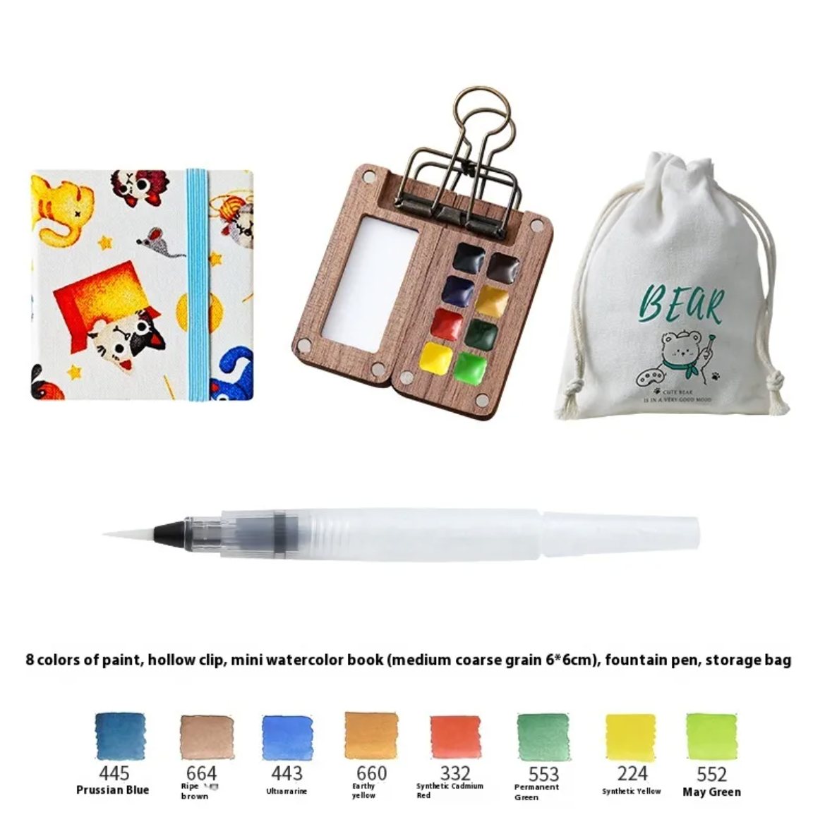Portable Mini Walnut Watercolor Set with 8 Colors for Sketching & Journaling